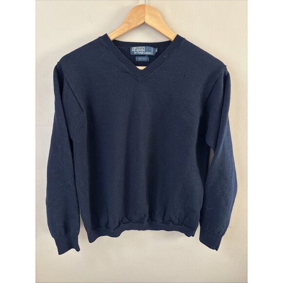 Polo Ralph Lauren Women's Sweater Medium Navy Blue 100% Wool Knit Pullover VNeck - Picture 1 of 6